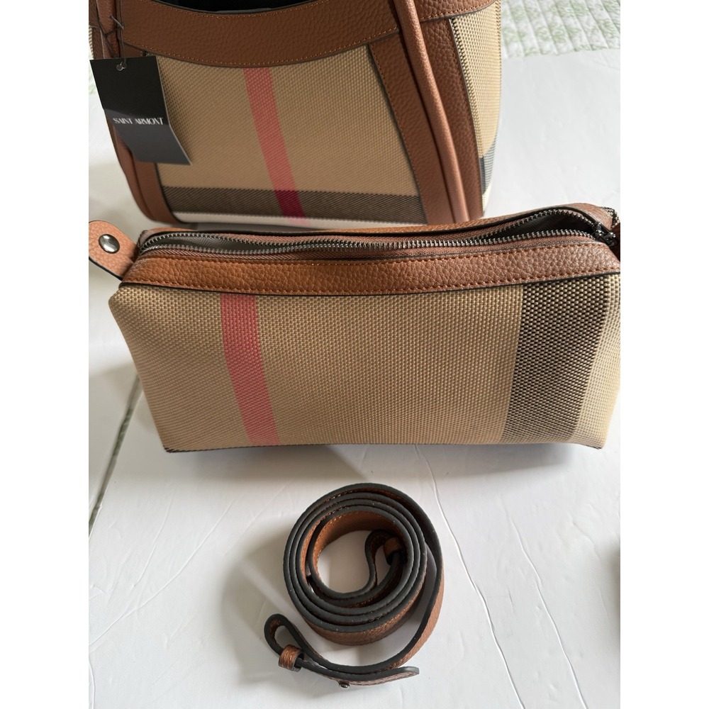 New Saint Armont Beige Brown Plaid Handbag/shoulderbag - Picture 9 of 11